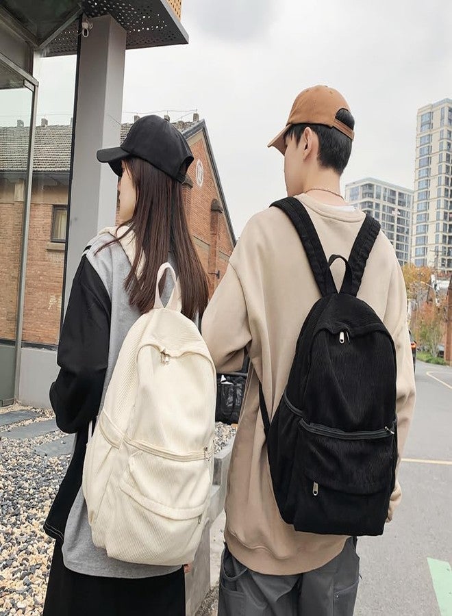 Lamprod Aesthetic Backpack Cute Backpack Corduroy Backpack School Supplies Laptop Bag for Teens Girls Women Students Solid Color(Black) - Image 5