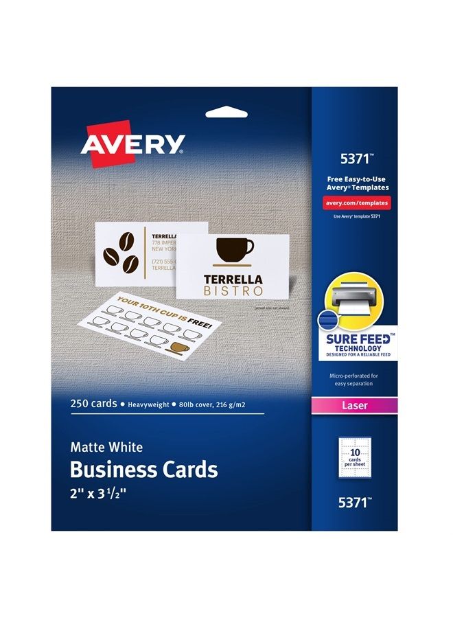 AVERY بطاقات عمل قابلة للطباعة من أفيري، طابعات ليزر، 250 بطاقة، 2 × 3.5 (5371) - Image 1
