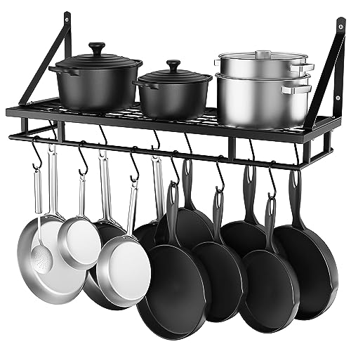 Craftykart Wall Mounted Wrought-Iron Storage Hanging Pots & Pan Rack/Shelf Organizer For Kitchen Cookware,Utensils,Pans,Books,Bathroom- 23 Inches With 10 Hooks (Black) - Hanging Shelves - Image 3