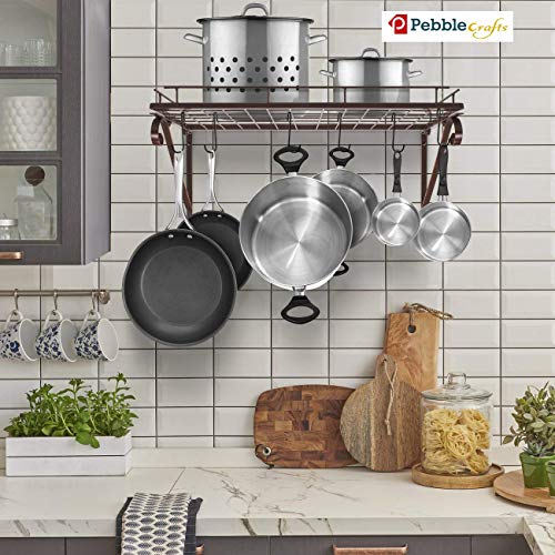 Craftykart Wall Mounted Wrought-Iron Storage Hanging Pots & Pan Rack/Shelf Organizer For Kitchen Cookware,Utensils,Pans,Books,Bathroom- 23 Inches With 10 Hooks (Black) - Hanging Shelves - Image 5
