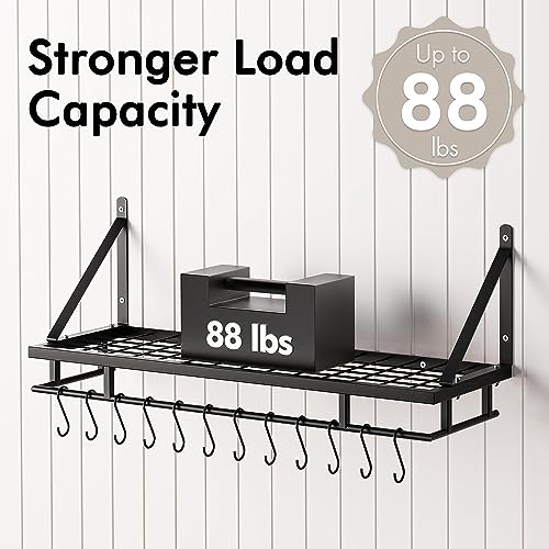 Craftykart Wall Mounted Wrought-Iron Storage Hanging Pots & Pan Rack/Shelf Organizer For Kitchen Cookware,Utensils,Pans,Books,Bathroom- 23 Inches With 10 Hooks (Black) - Hanging Shelves - Image 2