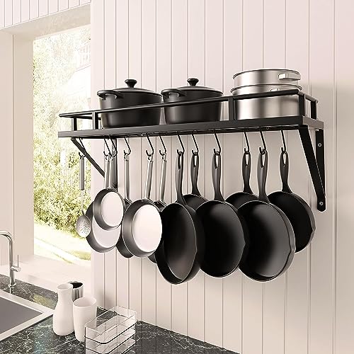 Craftykart Wall Mounted Wrought-Iron Storage Hanging Pots & Pan Rack/Shelf Organizer For Kitchen Cookware,Utensils,Pans,Books,Bathroom- 23 Inches With 10 Hooks (Black) - Hanging Shelves - Image 1