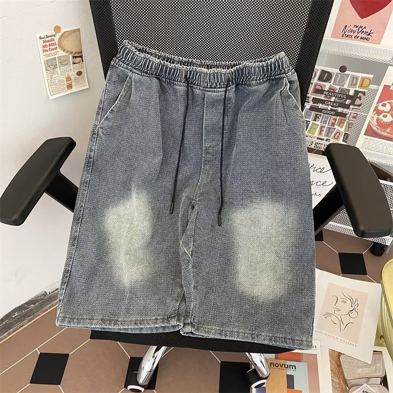 American Style Retro Denim Shorts Boys Summer Ins Fashionable Elastproof Waist Drawstring Loose Casual Straight Five-Point Pants - Image 1