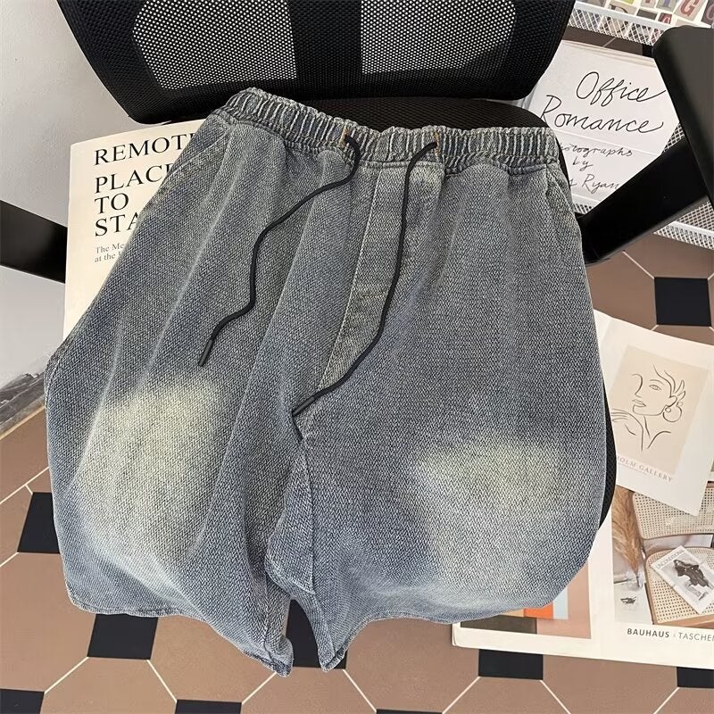 American Style Retro Denim Shorts Boys Summer Ins Fashionable Elastproof Waist Drawstring Loose Casual Straight Five-Point Pants - Image 2