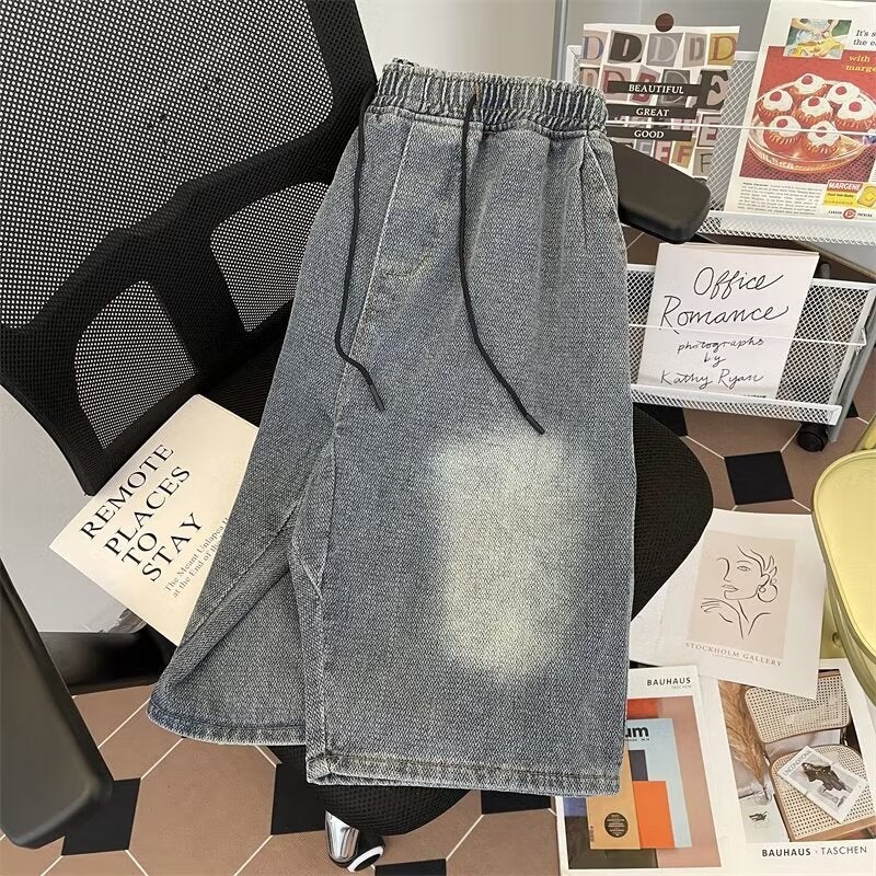 American Style Retro Denim Shorts Boys Summer Ins Fashionable Elastproof Waist Drawstring Loose Casual Straight Five-Point Pants - Image 4