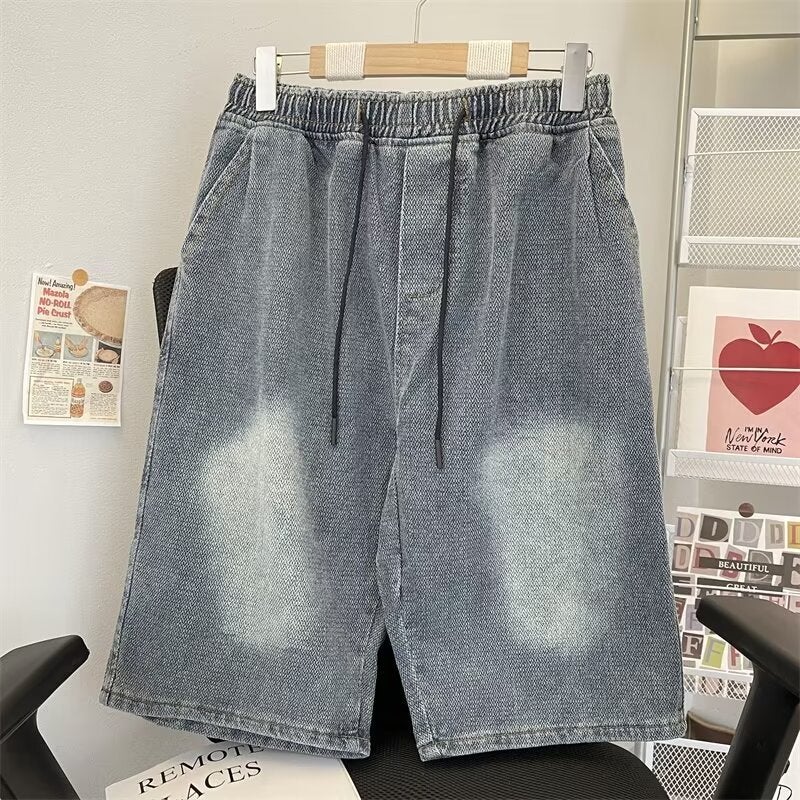 American Style Retro Denim Shorts Boys Summer Ins Fashionable Elastproof Waist Drawstring Loose Casual Straight Five-Point Pants - Image 5