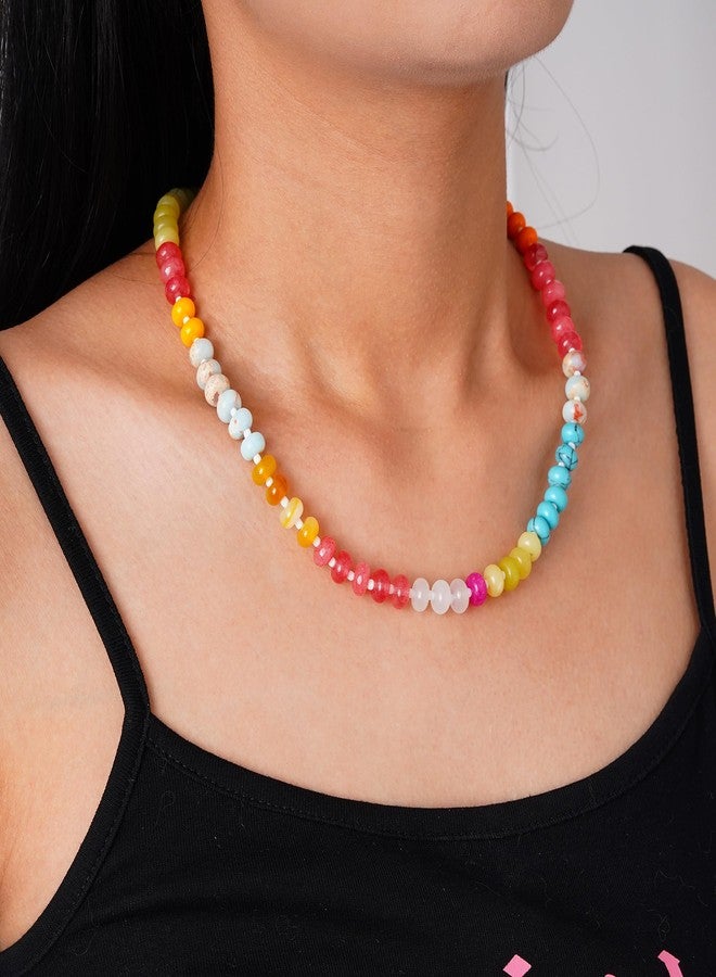 LALAPPLE Colorful Beaded Gemstone Necklace for Women, Boho Rainbow Bead Choker with Natural Stone Crystal Beads, Handmade Summer Beach Necklace Jewelry, 17.5 inches, Stone, natural stone - Image 2