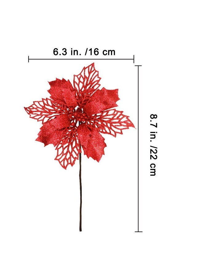 Winlyn 24 Pcs Christmas Red Glittered Mesh Holly Leaf Artificial Poinsettia Flowers Picks Tree Ornaments 5.9" W for Red Christmas Tree Wreath Garland Floral Gift Winter Wedding Holiday Decoration  - Image 2