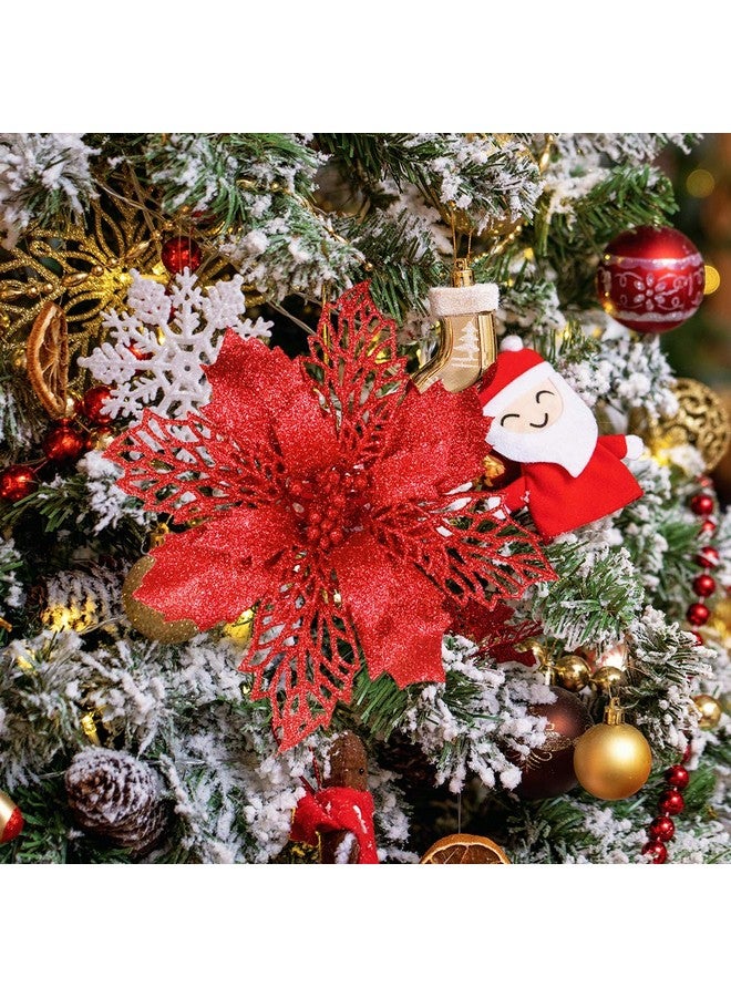 Winlyn 24 Pcs Christmas Red Glittered Mesh Holly Leaf Artificial Poinsettia Flowers Picks Tree Ornaments 5.9" W for Red Christmas Tree Wreath Garland Floral Gift Winter Wedding Holiday Decoration  - Image 3
