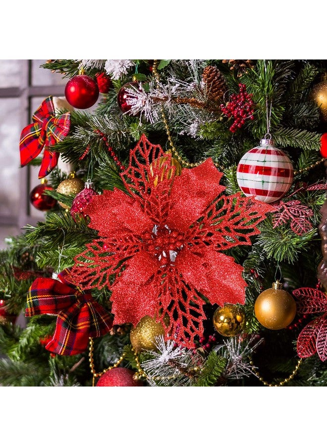 Winlyn 24 Pcs Christmas Red Glittered Mesh Holly Leaf Artificial Poinsettia Flowers Picks Tree Ornaments 5.9" W for Red Christmas Tree Wreath Garland Floral Gift Winter Wedding Holiday Decoration  - Image 5