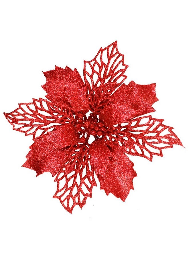 Winlyn 24 Pcs Christmas Red Glittered Mesh Holly Leaf Artificial Poinsettia Flowers Picks Tree Ornaments 5.9" W for Red Christmas Tree Wreath Garland Floral Gift Winter Wedding Holiday Decoration  - Image 1