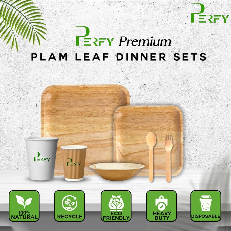Perfy Palm Leaf Dinnerware Set Combo Disposable Square Plate Set 10 6 Inch250ml BowlsCutlery with Biodegradable Cups 250ml 120Eco Friendly Tableware for Wedding Party Pack of 100 - Image 2