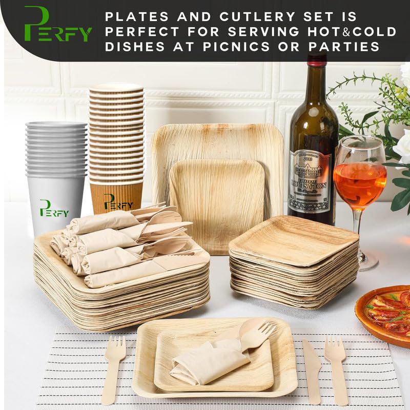 Perfy Palm Leaf Dinnerware Set Combo Disposable Square Plate Set 10 6 Inch250ml BowlsCutlery with Biodegradable Cups 250ml 120Eco Friendly Tableware for Wedding Party Pack of 100 - Image 5