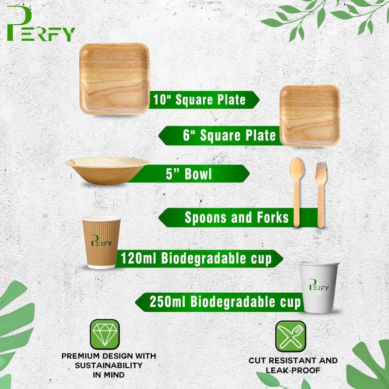 Perfy Palm Leaf Dinnerware Set Combo Disposable Square Plate Set 10 6 Inch250ml BowlsCutlery with Biodegradable Cups 250ml 120Eco Friendly Tableware for Wedding Party Pack of 100 - Image 3