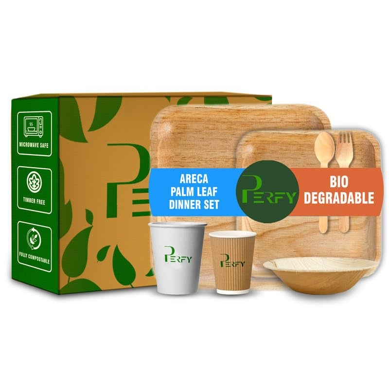 Perfy Palm Leaf Dinnerware Set Combo Disposable Square Plate Set 10 6 Inch250ml BowlsCutlery with Biodegradable Cups 250ml 120Eco Friendly Tableware for Wedding Party Pack of 100 - Image 1