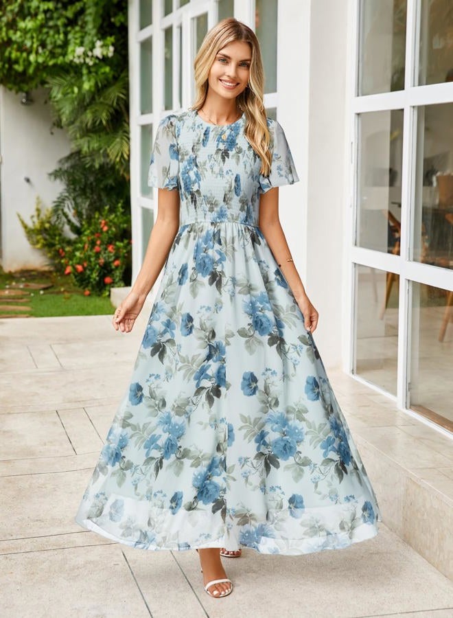 Simplee Apparel Simplee Womens Summer Floral Casual Maxi Dresses Flutter Short Sleeve Crew Neck Smocked Chiffon Boho Flowy Dress, Floral Blue 3, L - Image 5
