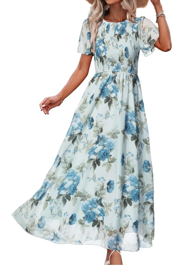 Simplee Apparel Simplee Womens Summer Floral Casual Maxi Dresses Flutter Short Sleeve Crew Neck Smocked Chiffon Boho Flowy Dress, Floral Blue 3, L - Image 1