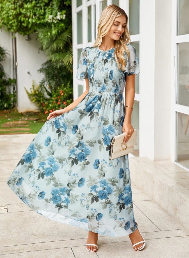 Simplee Apparel Simplee Womens Summer Floral Casual Maxi Dresses Flutter Short Sleeve Crew Neck Smocked Chiffon Boho Flowy Dress, Floral Blue 3, L - Image 2