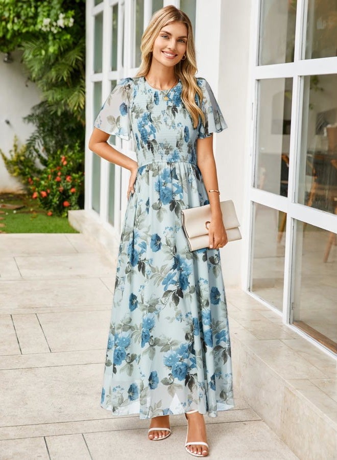 Simplee Apparel Simplee Womens Summer Floral Casual Maxi Dresses Flutter Short Sleeve Crew Neck Smocked Chiffon Boho Flowy Dress, Floral Blue 3, L - Image 3