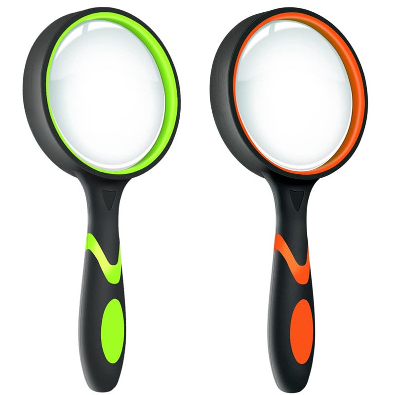 Leffis 2 Pack 10X Magnifying Glass for Seniors  Kids NonSlip Handheld Magnifier for Reading 75mm Magnify Glasses Lens for Close Work and Hobby Observation Green and Orange