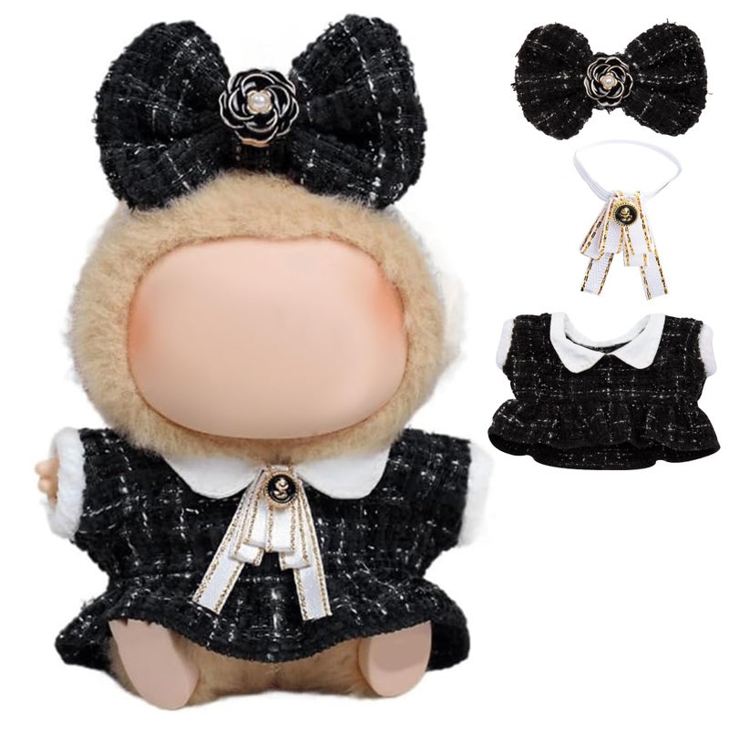 CHICHO 17cm Doll Clothes for labubu Luxury Chic Style Set for 17cm Dolls Premium Doll Outfit with Accessories Black Plaid Tweed Dress White Necktie Plaid Bow Clothes Only - Image 2