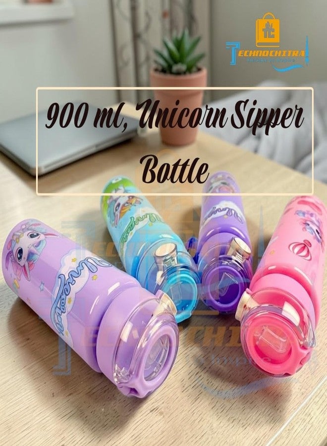 TECHNOCHITRA Unicorn Sipper Water Bottle for Kids Girls 900 ml | Leakproof BPA-Free Plastic Bottle with Silicone Straw & Push Button | Dishwasher Safe Water Bottle Sipper for 3–10 Years - Image 5