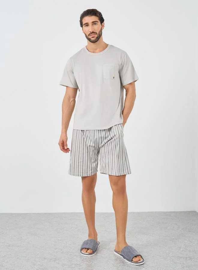 Styli Styli Solid Pocket Detail T-Shirt and Striped Shorts Set