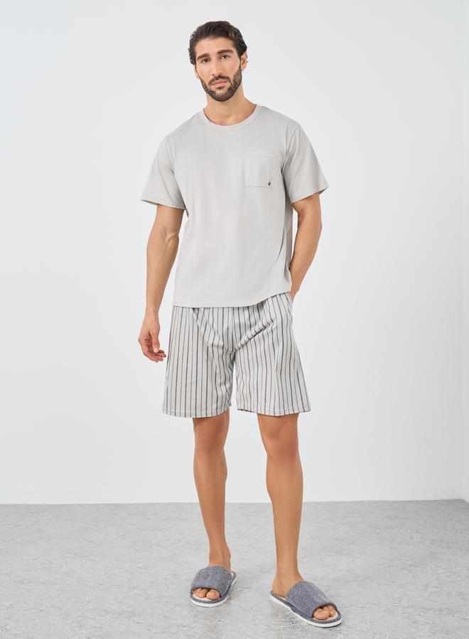 Styli Solid Pocket Detail T-Shirt and Striped Shorts Set - Image 1