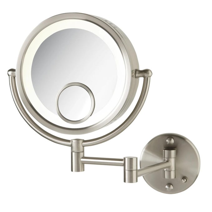 HL8515N LIGHTED WALL MOUNT MAKEUP MIRROR WITH 7X AND 15X MAGNIFICATION, NICKEL FINISH, 8.5"