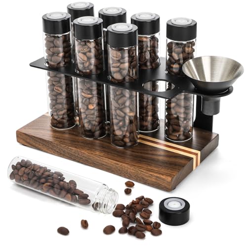 AVLA 8 Pack 2 OZ Coffee Bean Cellar Tubes, Single Dose Coffee Beans Storage with One-Way Exhaust Valve, Glass Espresso Beans Container, Dosing Vials with Wooden Stand Hopper for Coffee Lover, 20-22g - Image 1
