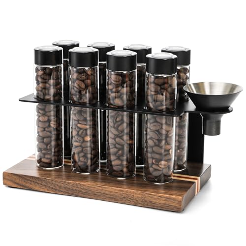 AVLA 8 Pack 2 OZ Coffee Bean Cellar Tubes, Single Dose Coffee Beans Storage with One-Way Exhaust Valve, Glass Espresso Beans Container, Dosing Vials with Wooden Stand Hopper for Coffee Lover, 20-22g - Image 4