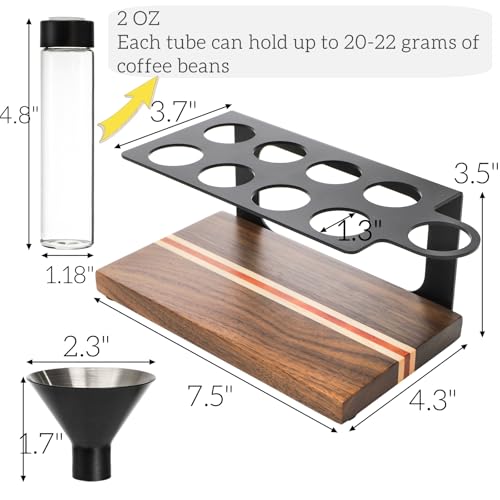 AVLA 8 Pack 2 OZ Coffee Bean Cellar Tubes, Single Dose Coffee Beans Storage with One-Way Exhaust Valve, Glass Espresso Beans Container, Dosing Vials with Wooden Stand Hopper for Coffee Lover, 20-22g - Image 2