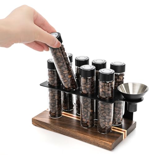 AVLA 8 Pack 2 OZ Coffee Bean Cellar Tubes, Single Dose Coffee Beans Storage with One-Way Exhaust Valve, Glass Espresso Beans Container, Dosing Vials with Wooden Stand Hopper for Coffee Lover, 20-22g - Image 3