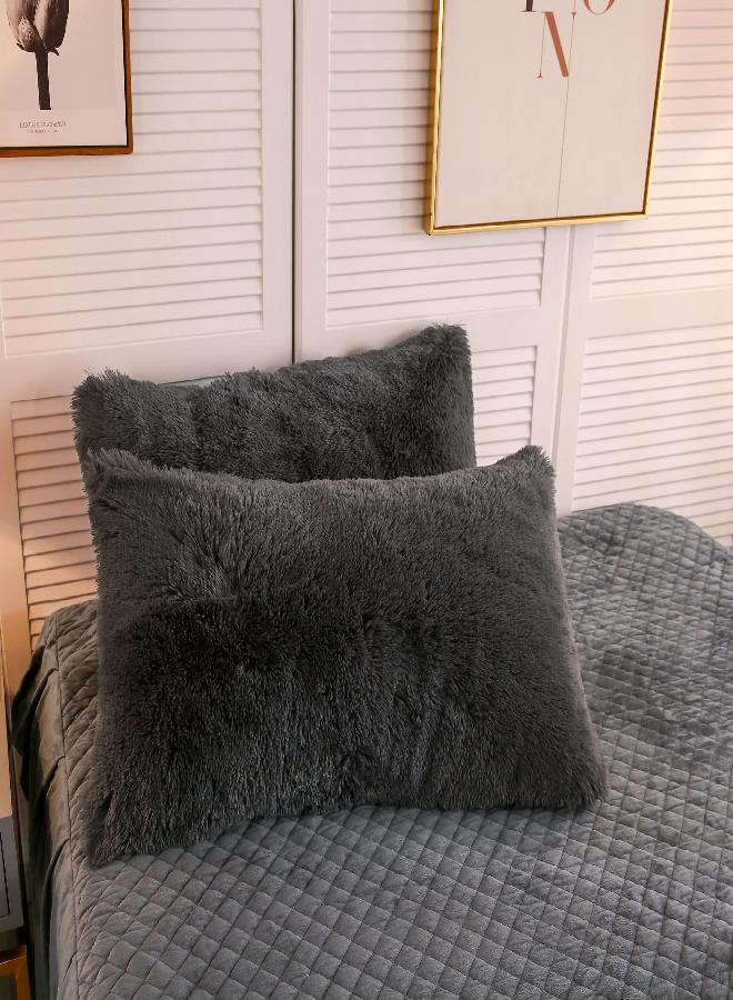 LIFEREVO LIFEREVO 2 Pack Faux Fur Pillow Shams,Shaggy Plush Home Decorative Luxury Series Super Soft Furry Pillow Case with Zipper Closure for Home Sofa Couch Decoration,Standard Queen(Dark Gray,20"x26")  - Image 1