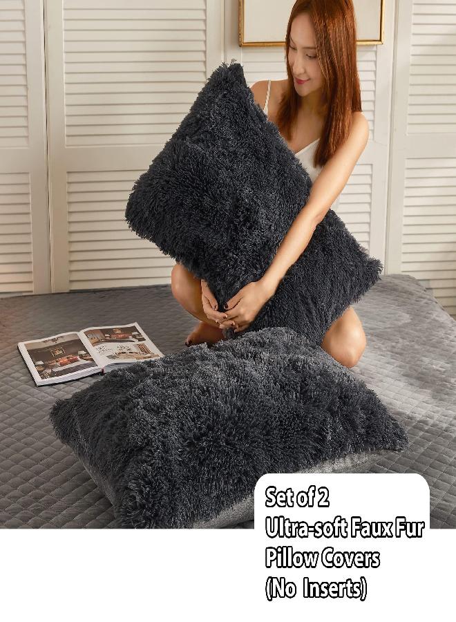 LIFEREVO LIFEREVO 2 Pack Faux Fur Pillow Shams,Shaggy Plush Home Decorative Luxury Series Super Soft Furry Pillow Case with Zipper Closure for Home Sofa Couch Decoration,Standard Queen(Dark Gray,20"x26")  - Image 2