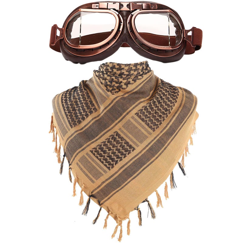 Peicees Vintage Helmet Goggles with Cotton Shemagh Keffiyeh Motorcycle Bike Motocross Pilot Goggle Tactical Desert Scarf Neck Head Wrap for Women Men Copper Frame Transparent Lenses - Image 2