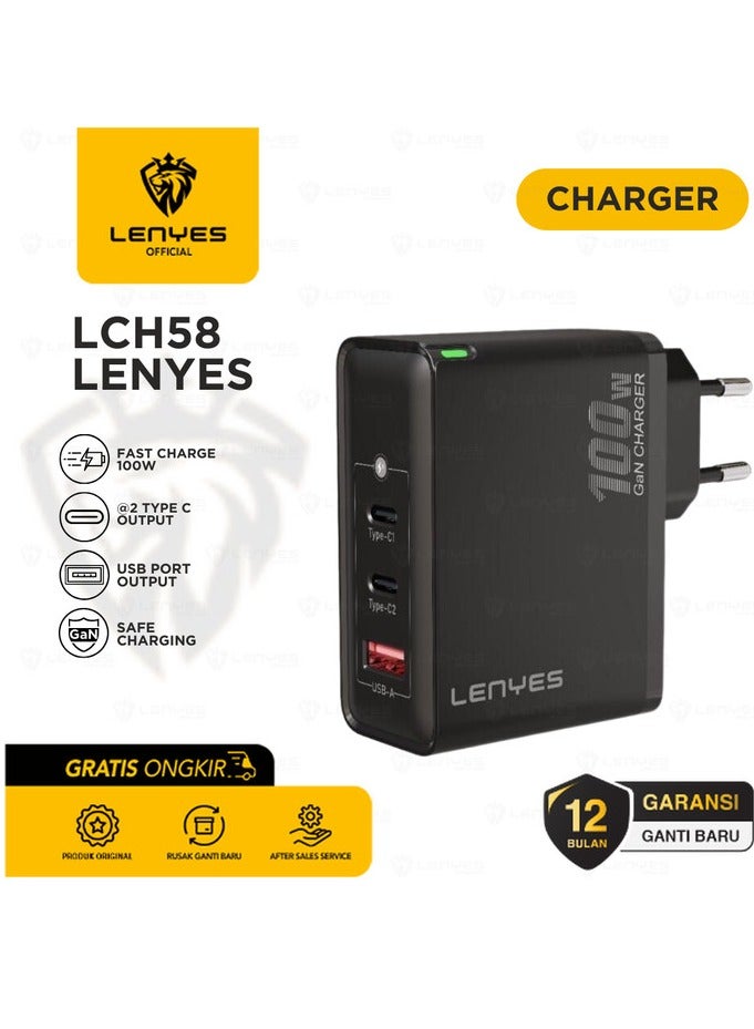 Lenyes Dual Port Type-C,Type-A And USB Charger Adapter 100W GaN Wall Charger Black - Image 1