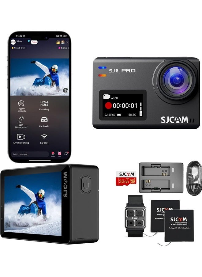 SJCAM - SJCAM SJ8Pro 4K60fps Action Camera, WiFi/Remote Control/Touch Screen Sports Camera 170° FOV, 8X Zoom, 6-aixs Stabilization, 40M Underwater Camera with 32G SD Card and Helmet Kit - Image 1