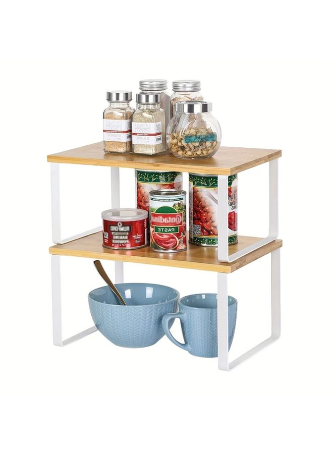 White 2pcs Stackable Kitchen Shelf Organizer Expandable Spice Rack - Image 2