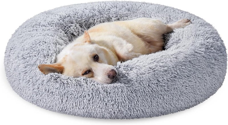 Feandrea Dog Bed, Donut Cat Bed, Fluffy Calming Pet Bed with Removable, Washable Cover, Soft Long Plush, 80 cm, Grey PGW040G01 - Image 1