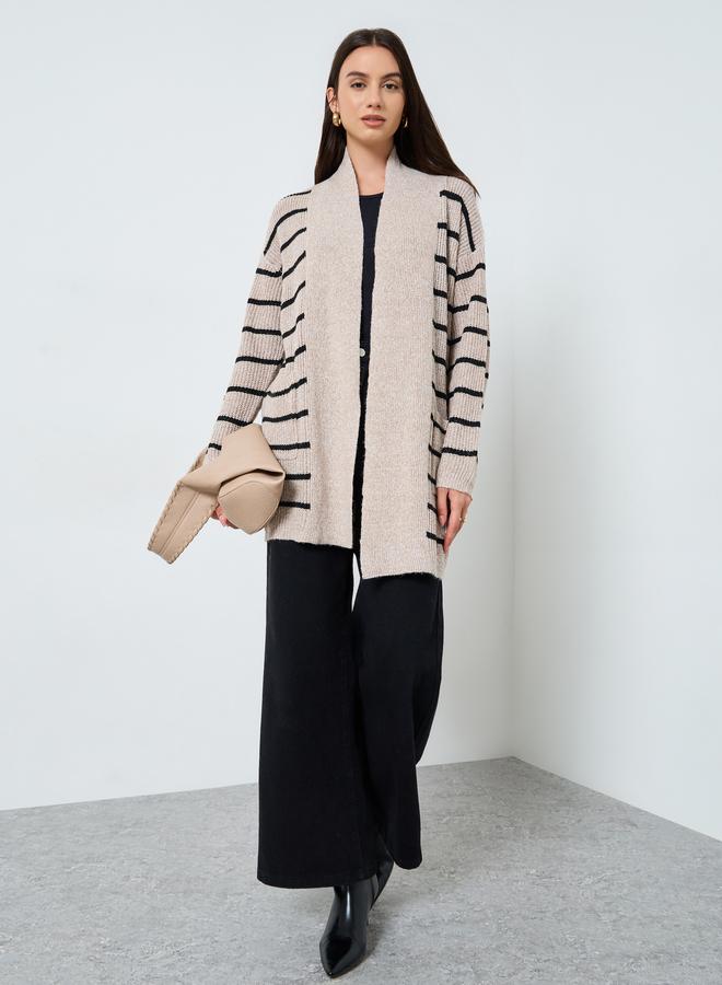 Take Two Beige Striped Longline Cardigan - Image 1