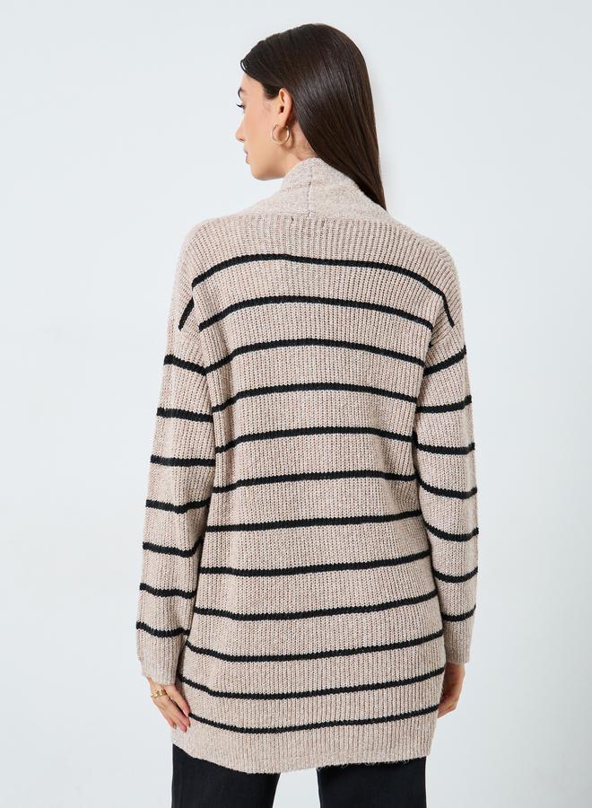 Take Two Beige Striped Longline Cardigan - Image 4