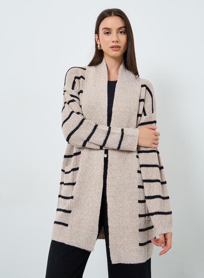 Take Two Beige Striped Longline Cardigan - Image 2