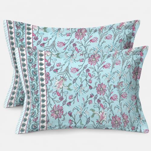 ElanorHomes 180 TC Pure Cotton Pillow Covers Set of 2, Bedroom Pillows with Zip Closure, Soft Smooth Cool Breathable Pillowcases for Home (27x18 inch) (Aqua Glow) - Image 1