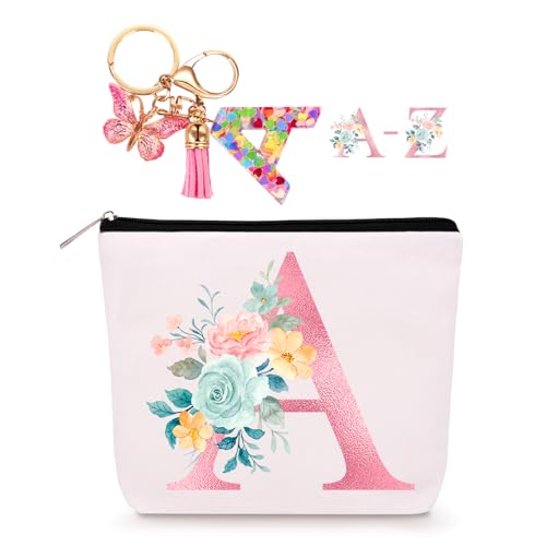 Lingdeer Personalized Makeup Bag with Initial Keychain, Custom Initial Monogram Small Travel Cosmetic Toiletry Bag, Birthday Gifts for Women Bridesmaid Teacher (A) - Image 1