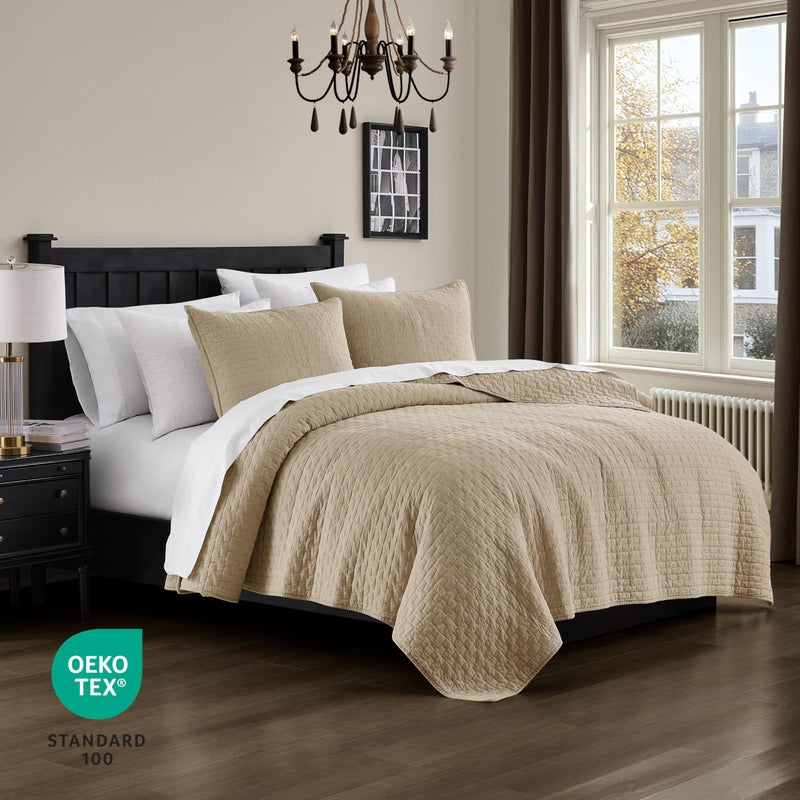 palassio Dark Beige 100% Cotton Quilt King Size Bedding Sets with 2 Pillow Shams, Textured Lightweight Soft Bedspread Shabby Chic Coverlet, Quilted Comforter Bed Cover for All Season, 3 Pieces - Image 3