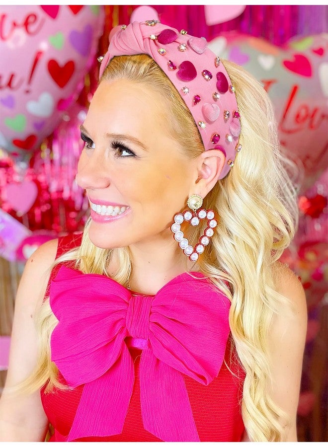 مولوك عصابة رأس عيد الحب للنساء من المخمل على شكل قلب وردي معقود بالكريستال ومرصعة بالجواهر، عصابة رأس واسعة أنيقة، إكسسوارات شعر عيد الحب وعيد الحب - Image 1