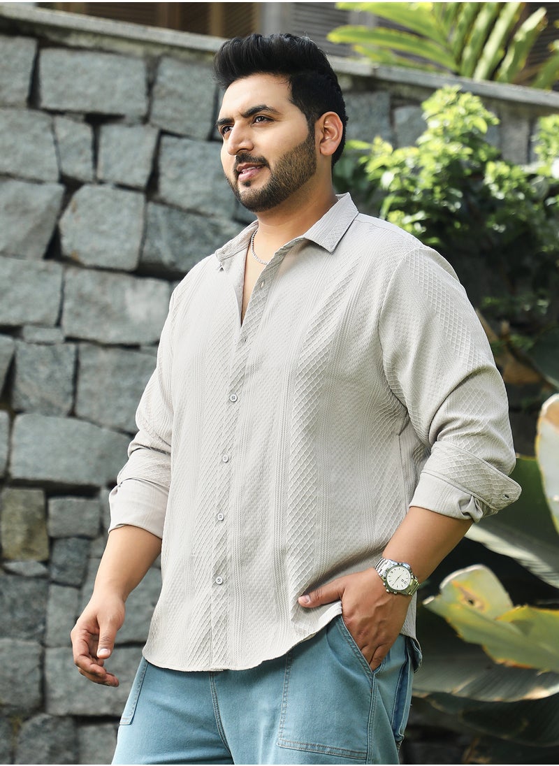 Instafab Plus Instafab Plus Men's Ecru Beige Vertical Tactile Shirt For Casual Wear | Spread Collar | Long Cuffed Sleeves | Button Closure | Plus Size Shirt Crafted With Comfort Fit For Everyday Wear  - Image 3