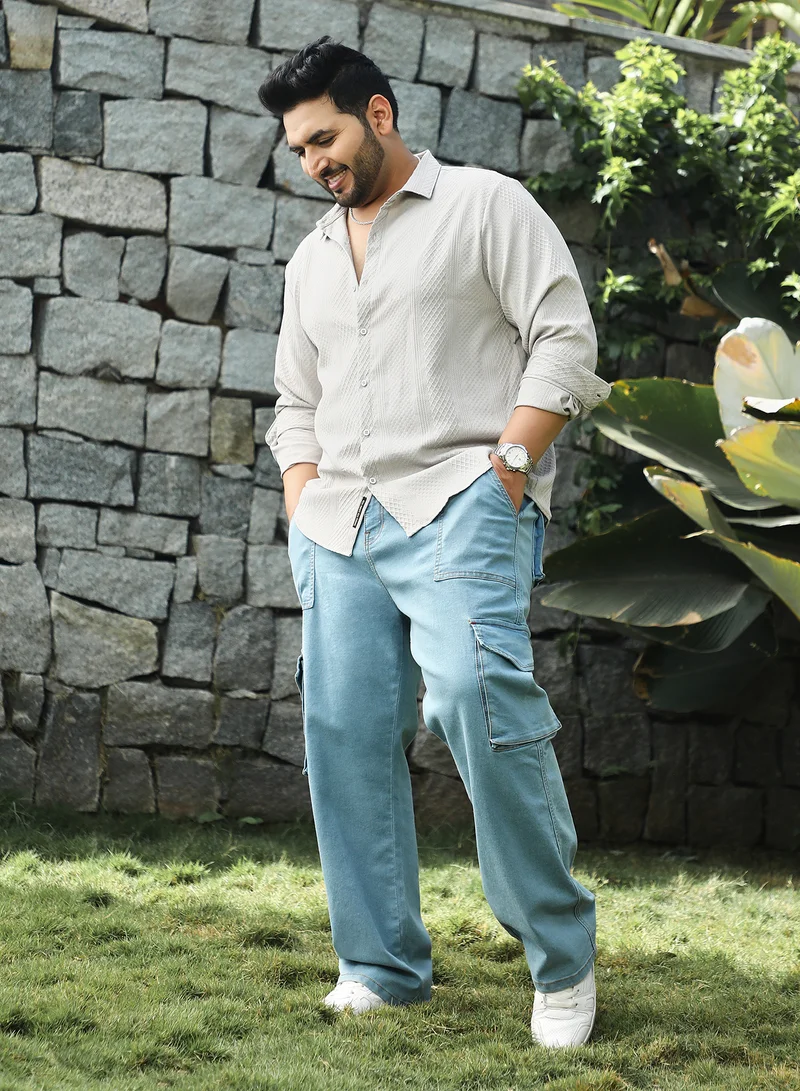 Instafab Plus Instafab Plus Men's Ecru Beige Vertical Tactile Shirt For Casual Wear | Spread Collar | Long Cuffed Sleeves | Button Closure | Plus Size Shirt Crafted With Comfort Fit For Everyday Wear