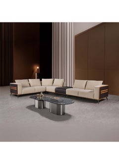 DANUBE HOME Tierra SectionalÂ  Pu Leather Corner Sofa With Stool I Modern Design 5 Pieces Sofa Set Comfortable Living Room Furniture - Beige/Orange/Black  - Image 5